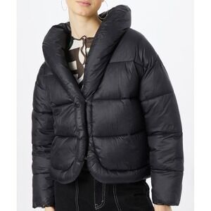 Modern minimalist diva River Island puffer jacket coat black shawl collar Sz L